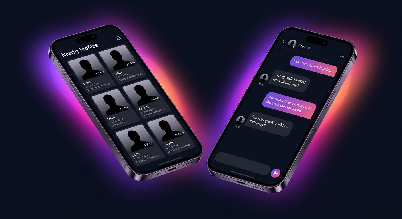 Yaylo app screens showing nearby profiles and a real-time chat conversation